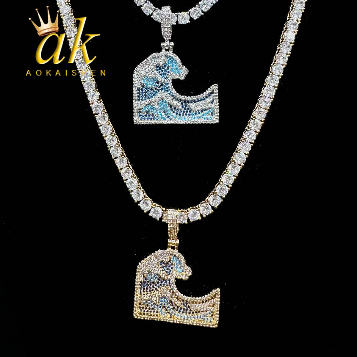 Aokaishen Iced Out Necklace for Men Ocean Wave Pendant Real Copper Cubic Zircon Hip Hop Jewelry