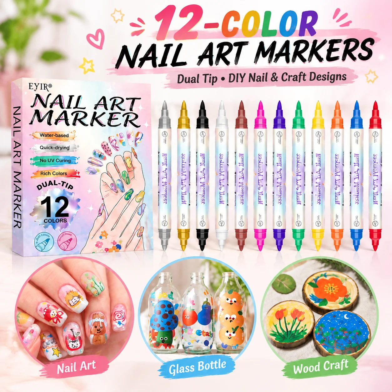 EYIR 12 Colors Metallic Nail Art Marker Pens Dual Tip Water Based Quick Drying Polish Drawing Tools for DIY Manicure Designs