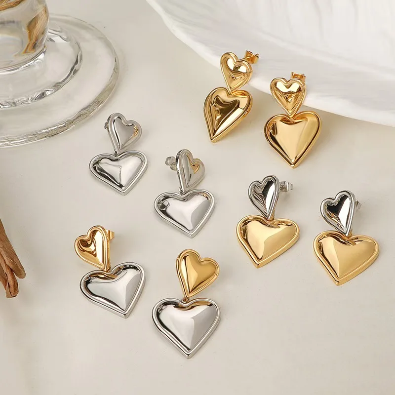 1pair Luxury Trendy Double Heart Shaped Earrings Stainless Steel Gold Plated Waterproof Hypoallergenic Drop Jewelry For Women ﻿