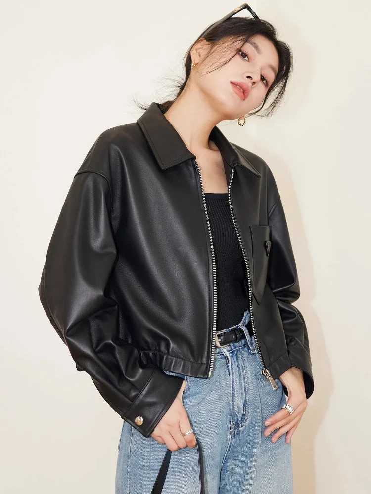 

Casual Short Genuine Leather Jackets for Women Spring Autumn 2026 New High-end Simple Loose Soft Black Real Sheepskin Coat