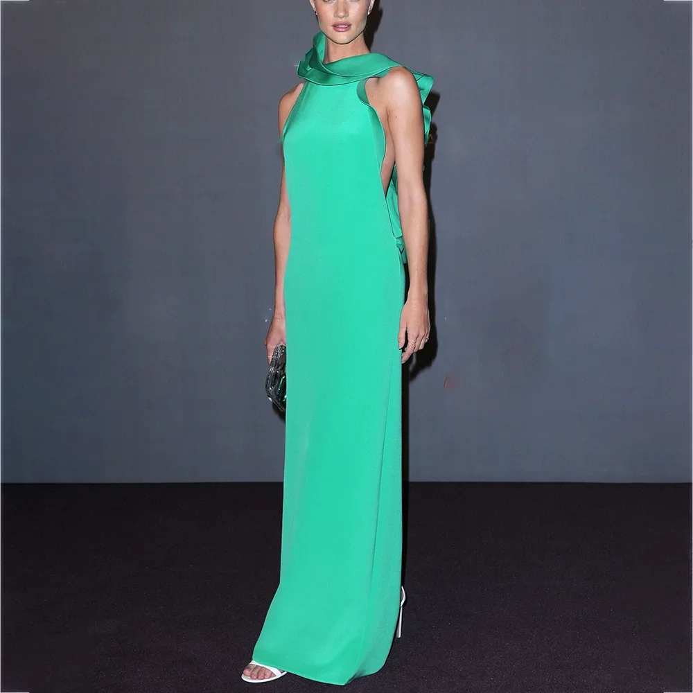 

Customized Sexy Jersey Straight Ruffles Evening Dress High Quality Sleeveless O-neck Floor Length Special Occasion Gowns