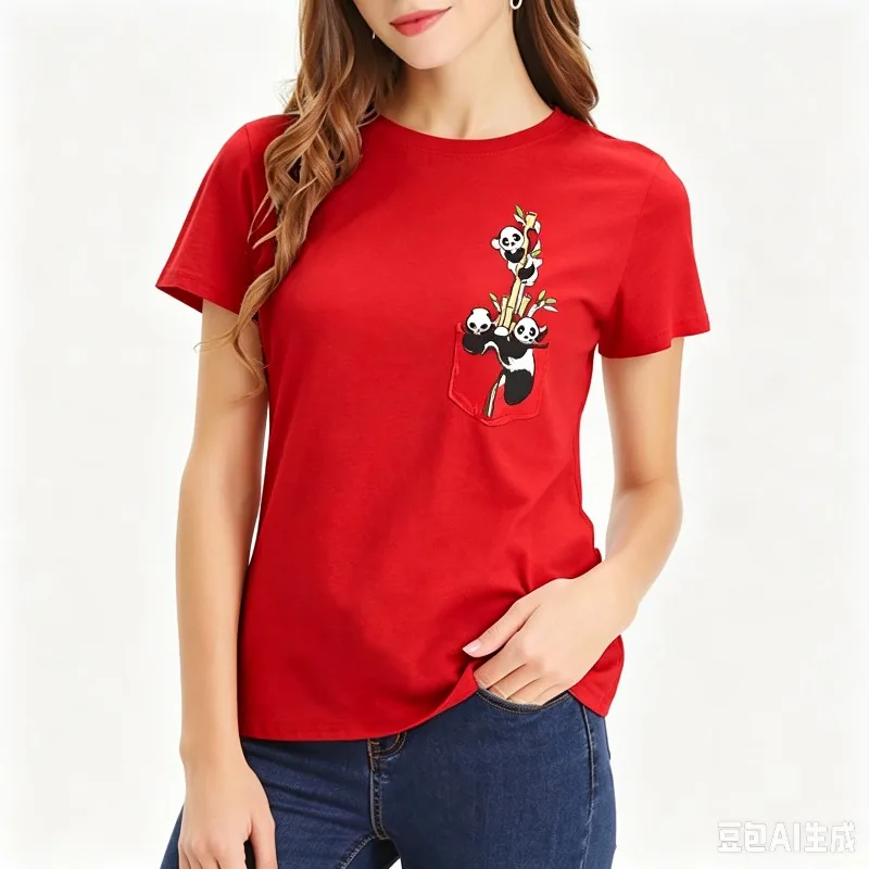 Women Pocket Pandas Bamboo Print T-Shirt 100% Cotton Regular Fit Short Sleeve Tee Cute Cartoon Casual Daily Female Top