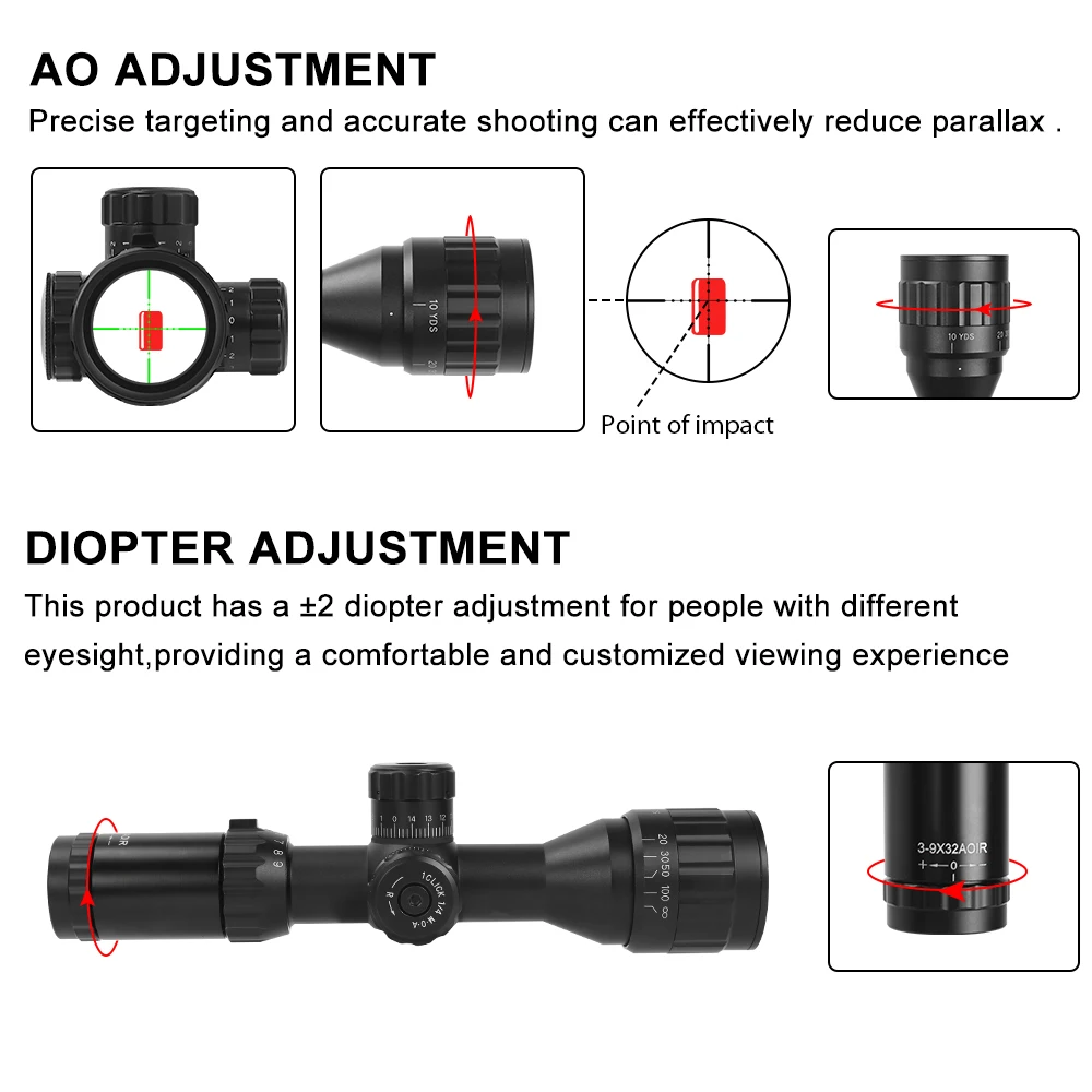 3-9X32 AO Rifle Scope Mil-dot Reticle Red Green Illuminated Hunting Optics Riflescope Gun Sights with Locking Turret Sunshade