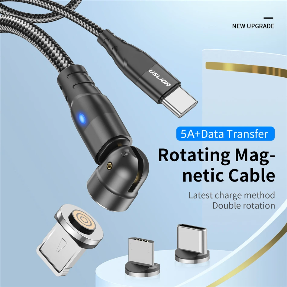 USLION-Cable magnético PD de 60W y 5A, carga rápida QC 4,0 para Huawei tipo C a tipo C, Cable cargador de datos de rotación 540 para MacBook