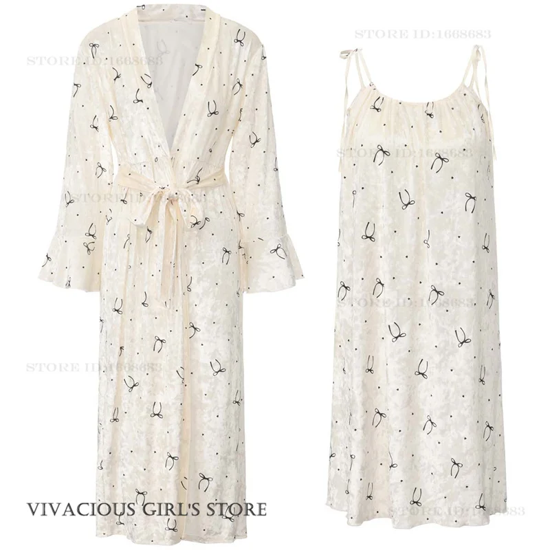 Autumn Winter New Velvet Twinset Robe Set Female Sleepwear Sexy White Print Nightwear Mujer Lingerie Loose Homewear Loungewear