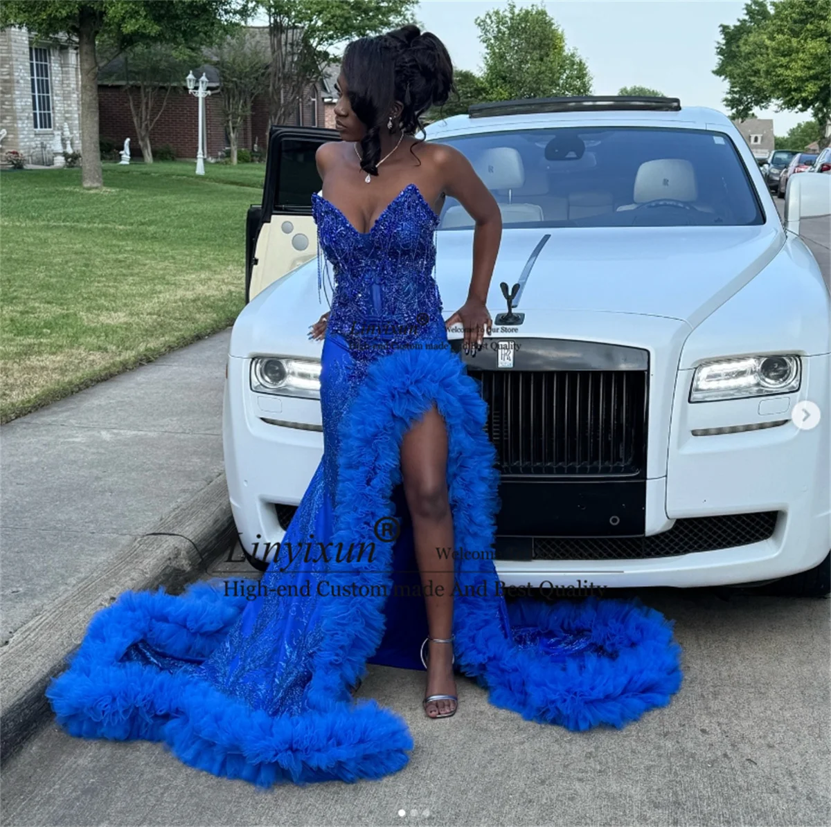 

Sparkly Beaded Rhinestones Prom Dress Customized Black Girls Mermaid Wedding Party Dress Slit Ruffles Evening Robe De Soiree