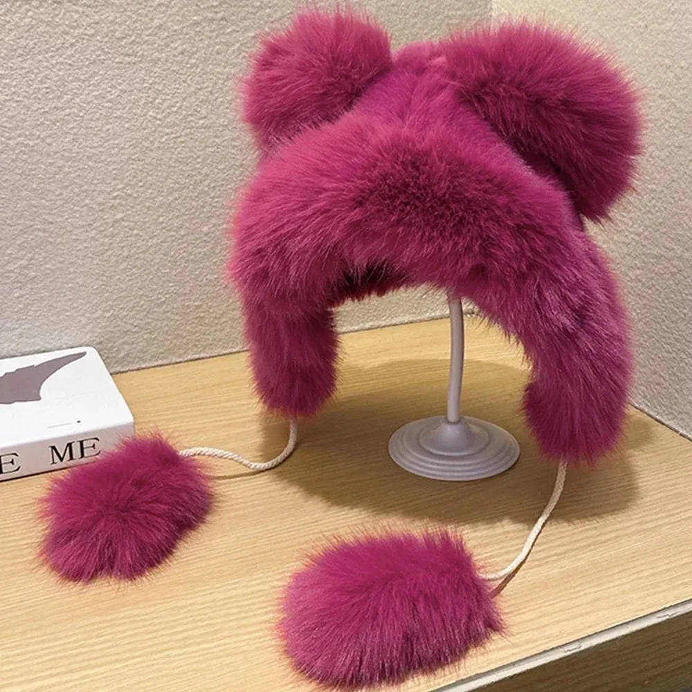 Damen Winter Warme Kawaii Fuchsfell-Imitation Nerz-Plüschmütze Verdickte Niedliche Bärenohren Japanische Jackenmütze Ohrenschutz Cosplay-Kappe – Detail 10