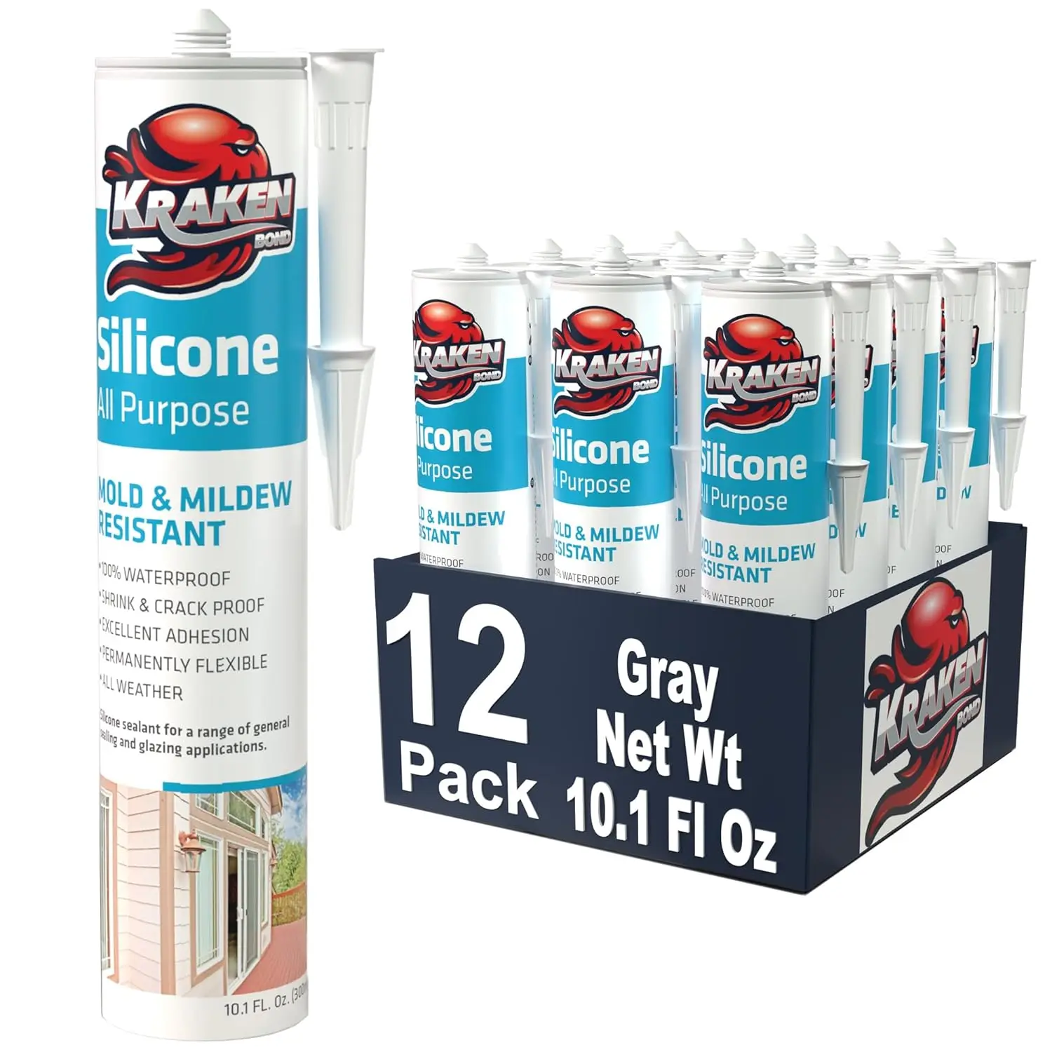 Kraken Bond Rtv Gray Silicone Caulk - (12X10.1 Fl.Oz.) 100% Grey Caulking Kitchen And Bath, Waterproof Bathtub Caulk,