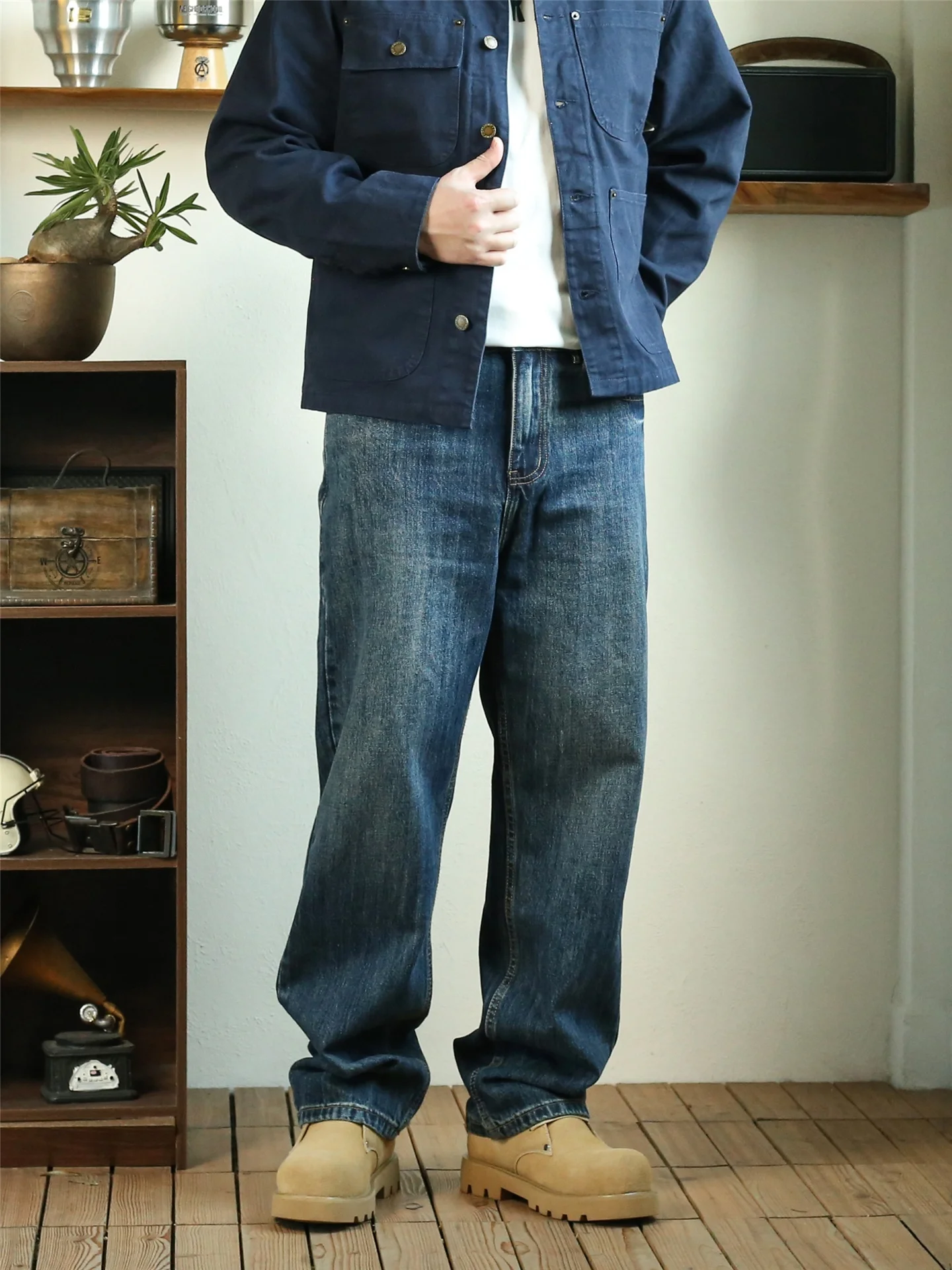 

Waed Fce Lined Thiened Straight Leg Retro Blue Men's Long Jeans Autumn Winter American Sle Loose Fit Denim Pants