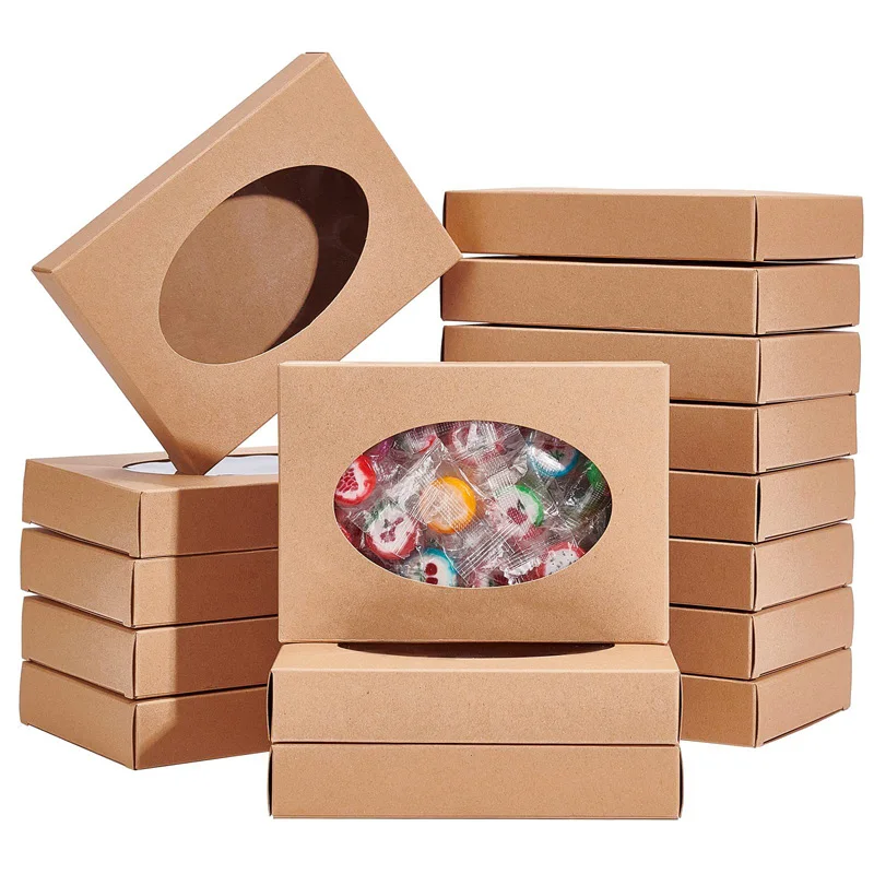 500Pcs/Lot 4 Colors Kraft Paper Box With Oval Window Handmade Soap Paper Box Foldable Paper Boxes Wholesale