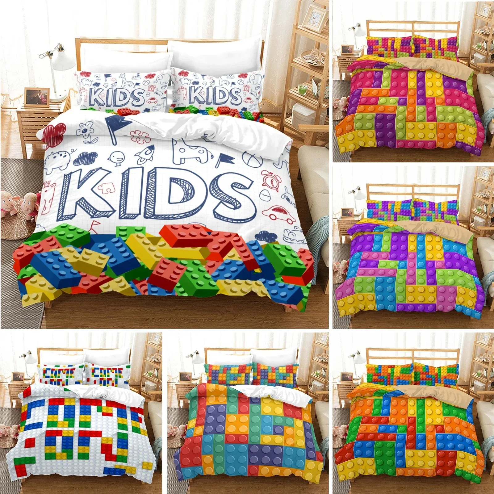 

Colorful Blocks Duvet Cover KingQueen Size,Building Toy Bedding Set Kids Boys Girls Orange Blue Fun Brick Polyester Quilt Cover