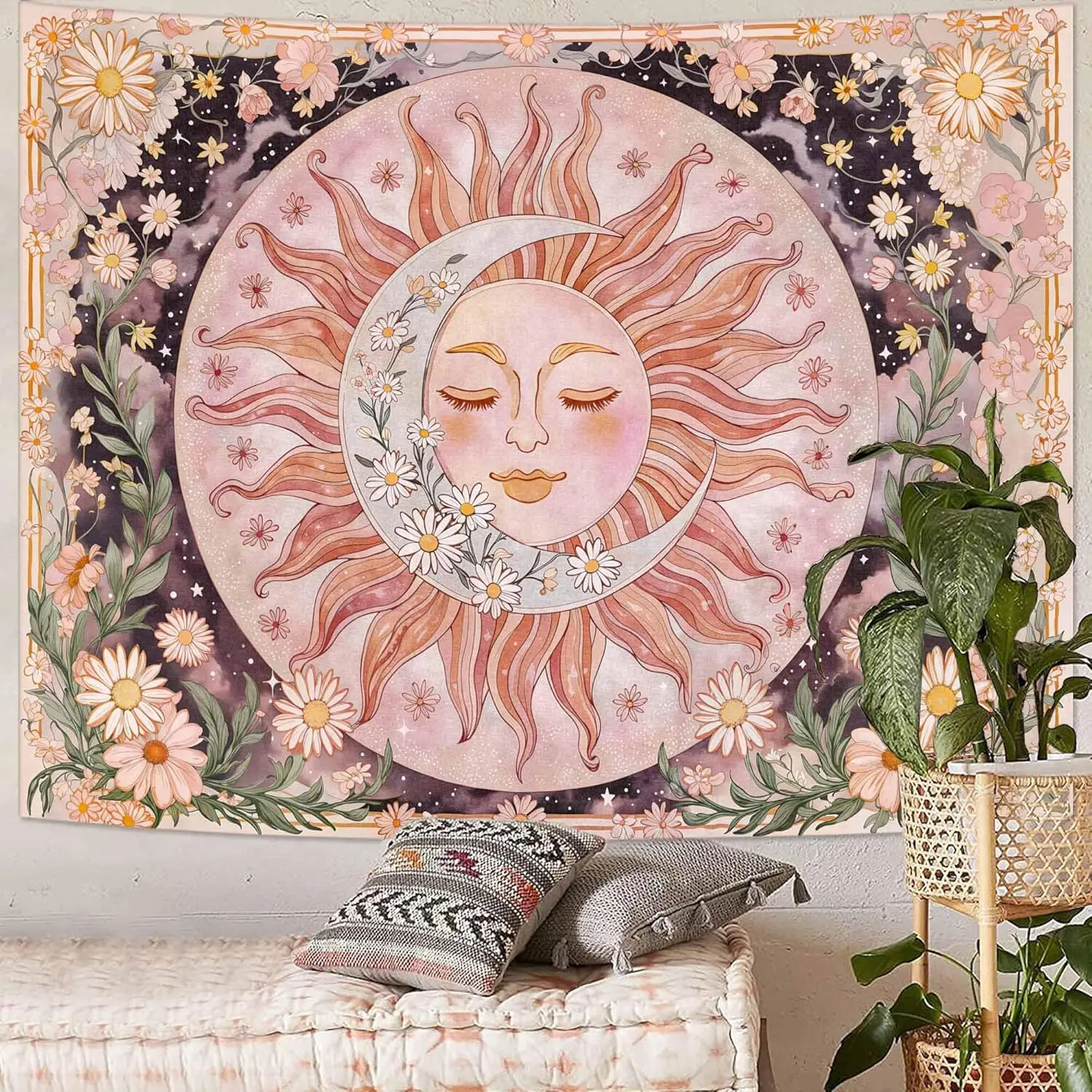 Pink Sun Moon Floral Tapestry, Boho Celestial Wall Hanging with Daisies, Mystical Decor for Bedroom Living Room Yoga