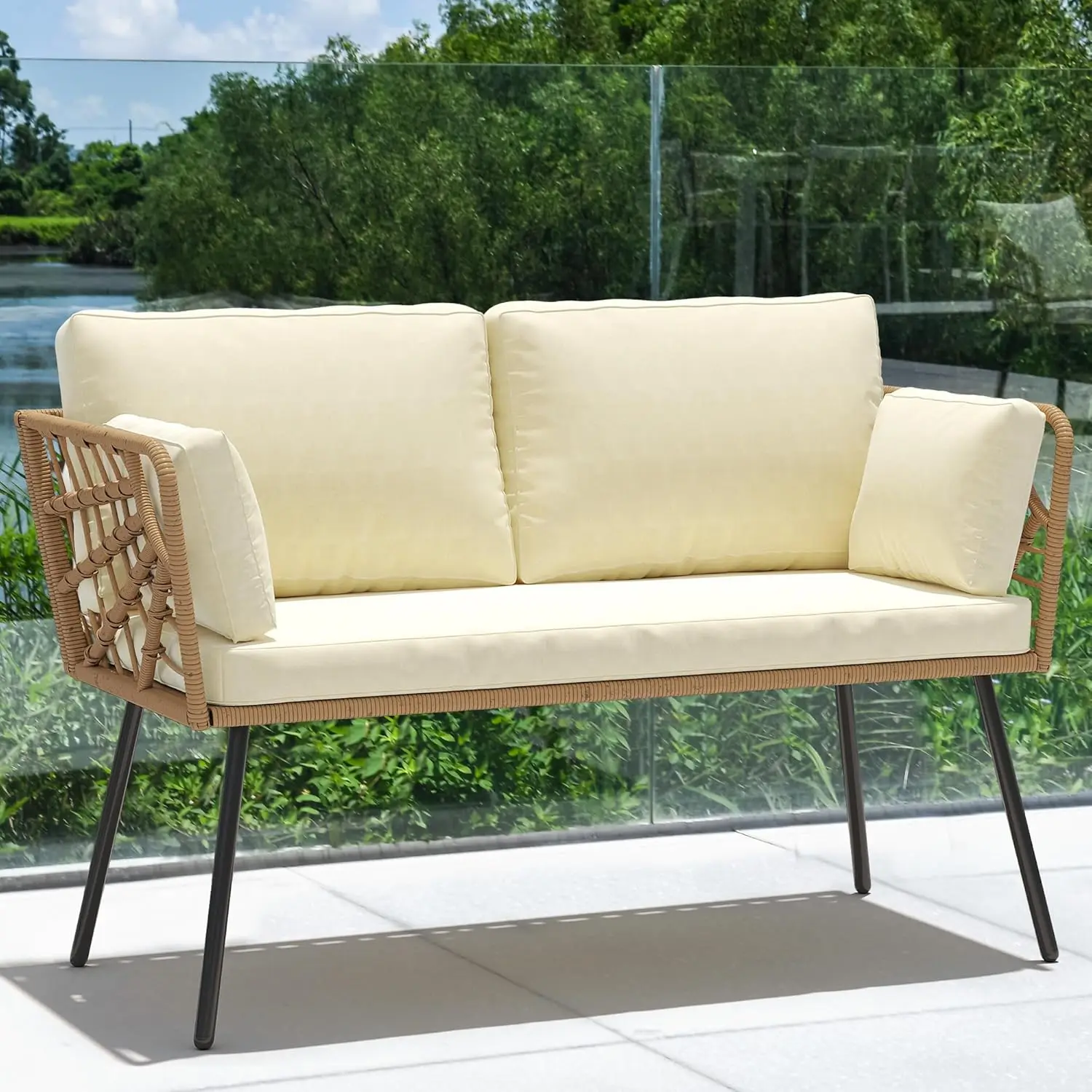 Wicker Outdoor Loveseat, All-Weather Pátio Sofá, Mobiliário Seccional Conjunto com Mesa e Almofadas