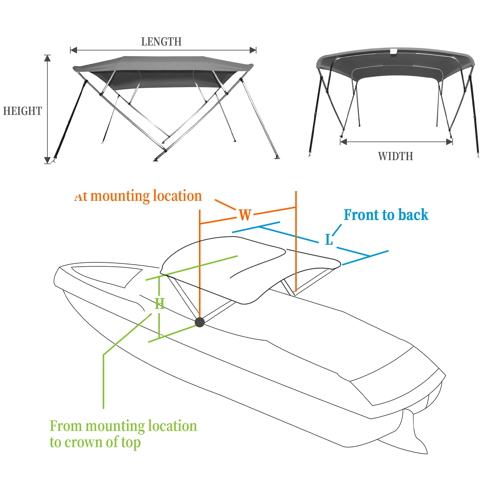 Couverture de bateau à toit bimini 600D à 4 arceaux avec cadre en alliage d'aluminium de 1 ", comprend 2 sangles, 2 poteaux de support arrière réglables, toile de revêtement PU