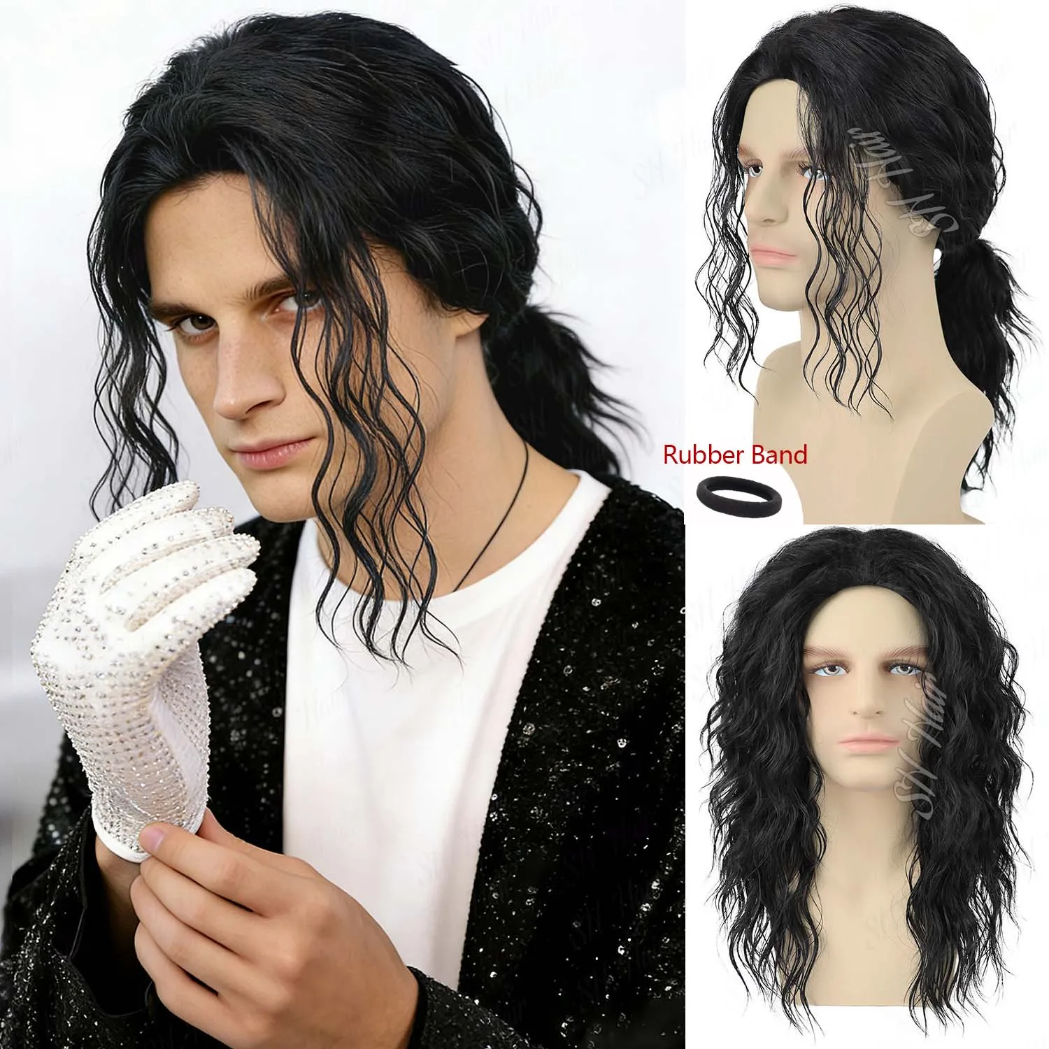 

Synthetic 18" Mens Black|Brown Long Curly Wavy Wig 70s 80s Rocker Funny Wig for Halloween,Michael Jackson|Pirate Role Play Wig