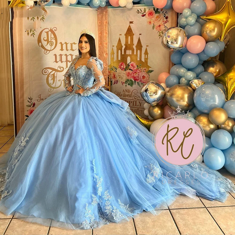 Lorencia синее бальное платье с оборками и бантом, платье Quinceanera, корсет с длинными рукавами и аппликацией, кружево Sweet 16, Vestidos De 15 Años YQD514