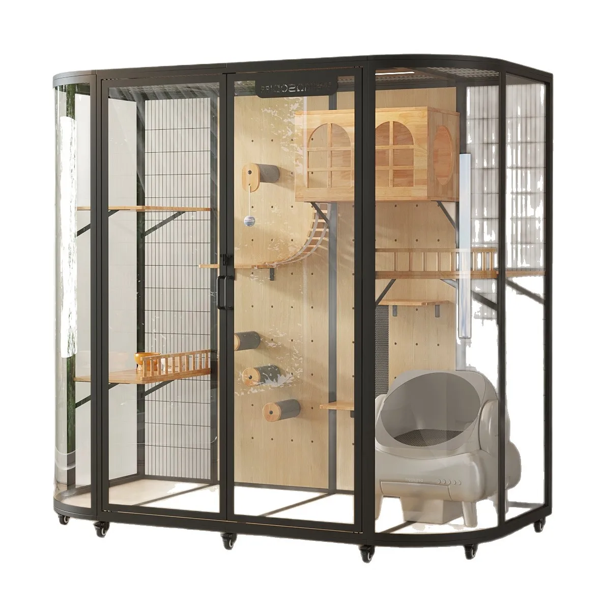 

Роскошная панорамная клетка-вилла для кошек из массива дерева со стеклянными стенами, домик для кошек, комнатный домик для питомцев, панорамная стеклянная клетка для кошек