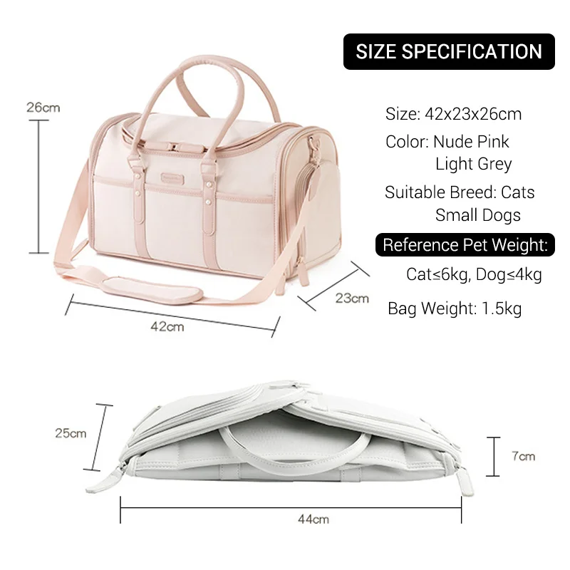 Luxury Pet Carrier Bag For Small Dogs Nude Pink Portable Foldable Dog Travel Tote Bag Breathable Anti-Scratch Oxofrd Pet Handbag