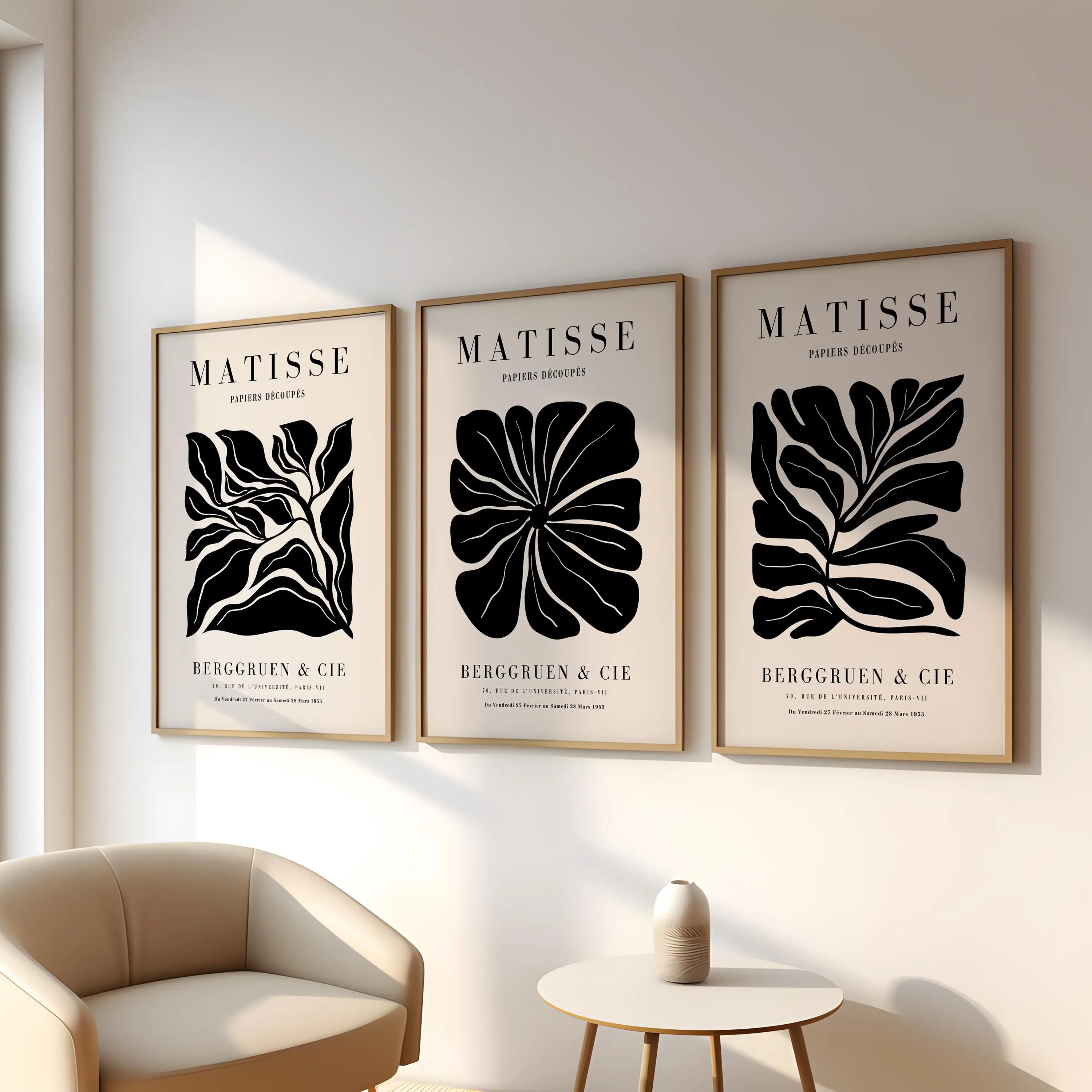 Set of 3 Black Henri Matisse Botanical Prints Mid-Century Modern Framed Wall Art Canvas Poster Prints Home Bedroom Room Decor