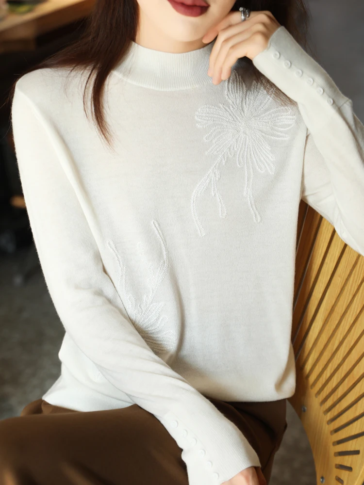 Women\'s Australian Wool Half High Collar Pullover, Long Sleeved Tops, Knitted Cardigan, Soft Bottom Layer Shirt, Fall, Winter