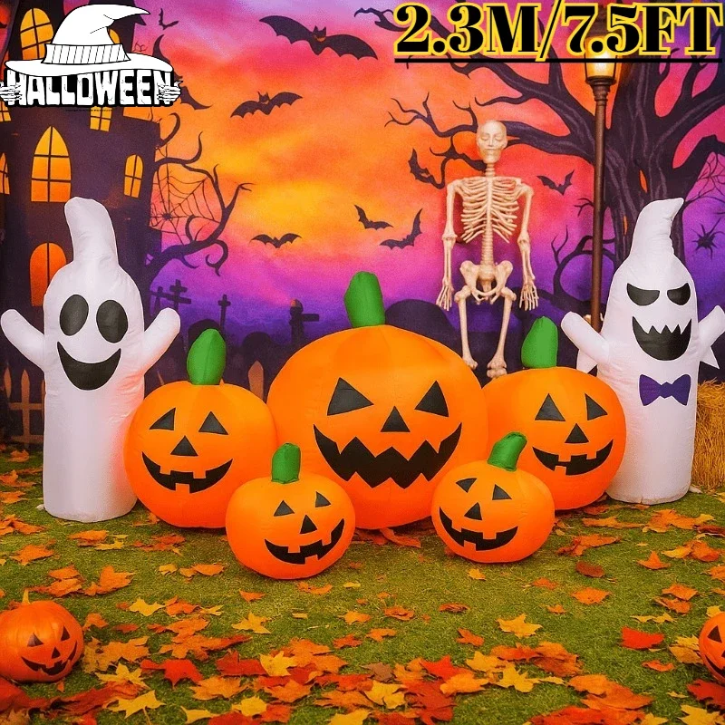 2.3 متر/7.5FT لعبة قابلة للنفخ اليقطين شبح مجموعة في الهواء الطلق حديقة ساحة الحديقة ديكور هالوين ديكور نفخ نموذج المدمج في أضواء LED