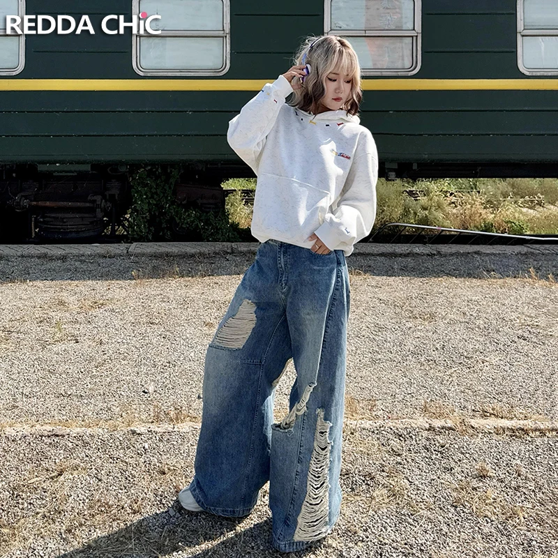 

ReddaChic Women Wide Leg Barrel Jeans Distressed Vintage Holes Destroyed Low Waist Wide Leg Pants Hip Hop 90s Skater Streetwear