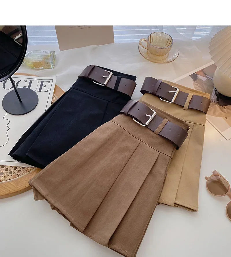 Girls Pleated Skirt Brown Casual All-match Cargo Skirt for Kids 3-13 Years Children Short A-line High Waist Tutu Skirt with Belt