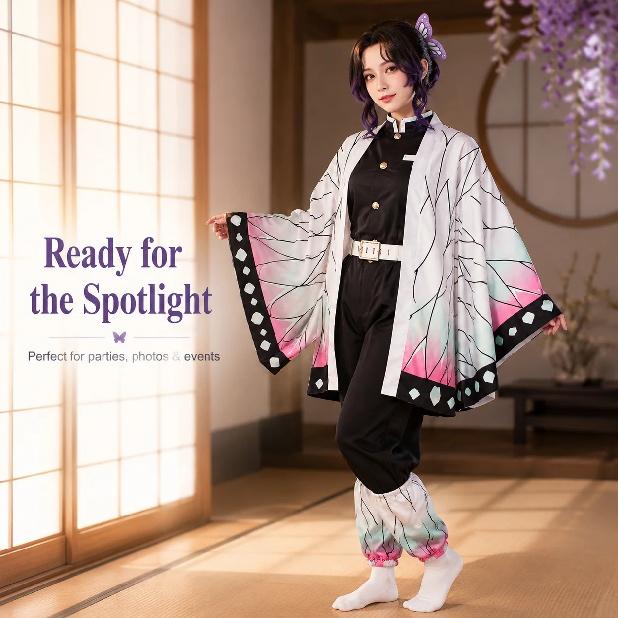 Schmetterlings-Gradienten-Bedruckter Haori-Kimono Komplettes Cosplay-Set, Schwarzes Uniform-Outfit mit Beinabdeckungen, Schmetterlings-Haarspange und Gürtel für Damen,