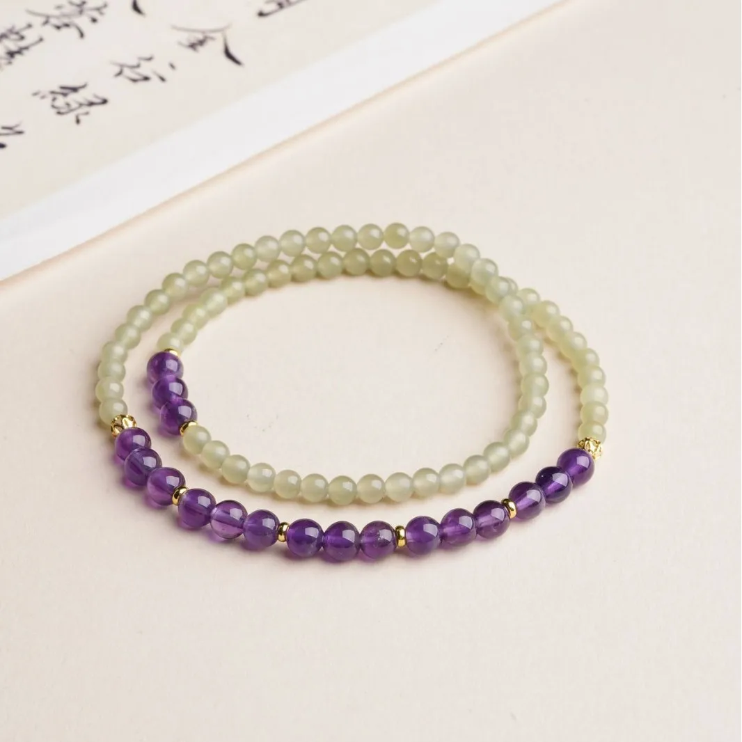 New Chinese Style Hetian Jade Bracelet Light Luxury Delicate Amethyst Double Loop 2026 Aquamarine Beaded Bracelet Gifts