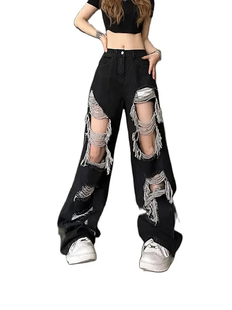 

Women's Retro Street Clothing Design Retro Black Y2K Spicy Girl High Waist Ragged Edge Broken Hole Loose and Slim Straight le