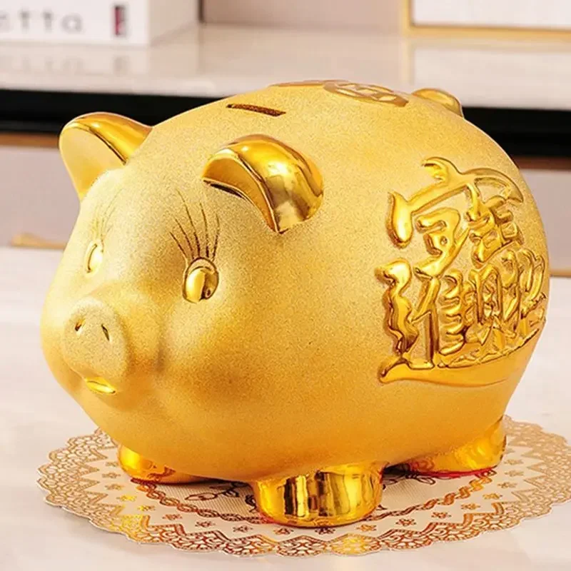 

Creative Wealth piggy bank Coin storage jar Ceramic Craft Golden Pig Ornament Children's room decor figurine everything is fine