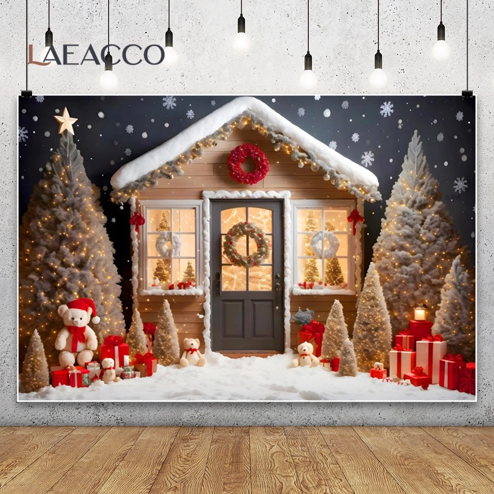 Merry Christmas Teddy Bear Doll Photography Background Xmas Tree Red Curtain Window Decor Kid Portrait Indoor Photocall Backdrop