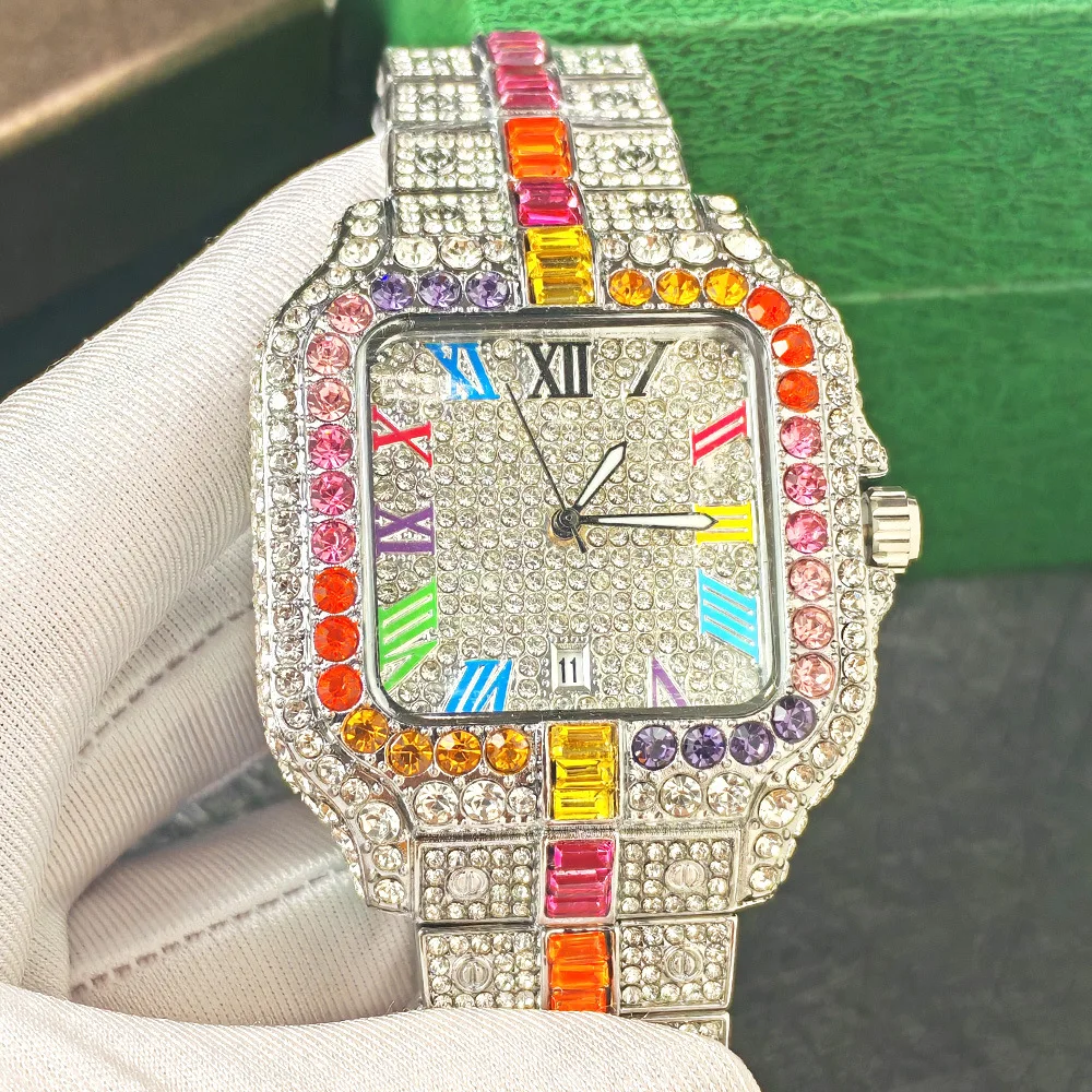 Gold Gypsophila Vintage Square Shaped Hip Hop Quartz Watch for Men Iced Out Full Diamond Rainbow Diamond Male Man Clock Reloj