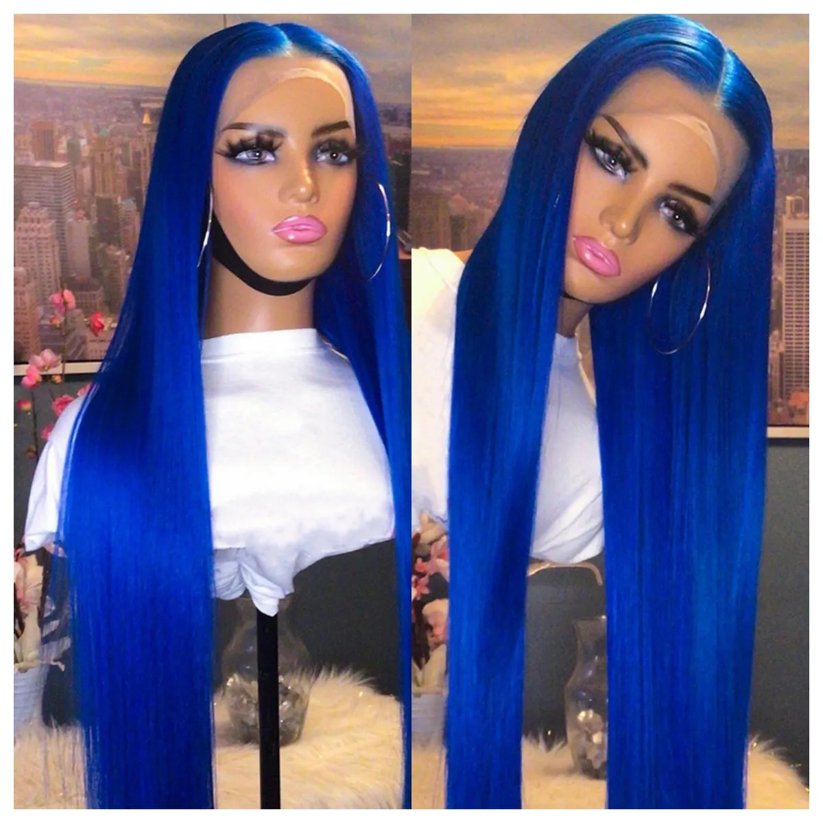 

30Inch Straight Blue Color 13X4 Synthetic Lace Frontal Wig Pre Plucked Cosplay Glueless Wigs Drag Queen For Women 180 Density