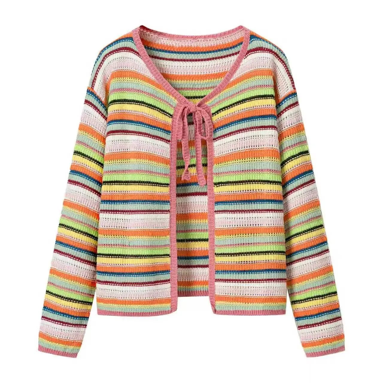 Maxdutti Women's 2026 Autumn New Collection Korean Style Rainbow Striped Lacing Cutout Knit Cardigan