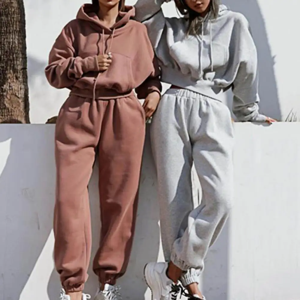 Trendy Spring Hoodie Pants Set Hat Women Winter Tracksuit Elastic Waist Big Pocket Spring Hoodie Pants Set Keep Warm