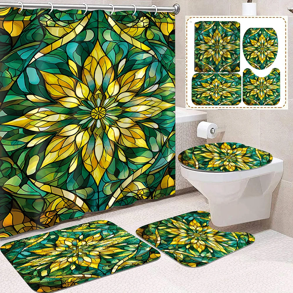 

4-piece set of yellow green leaf retro printed waterproof shower curtains with 12 hooks and bathroom floor mats