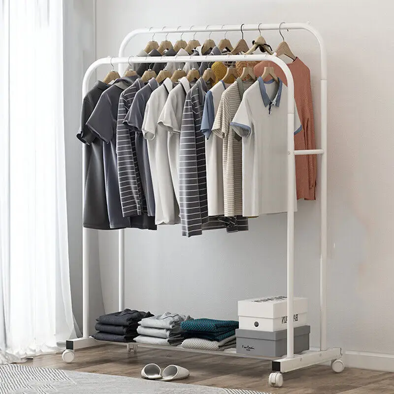 Super Strong Metal Clothing Garment Rack Cloth Hanger Display Rack Stand with Wheel and Storage Two Top Rod