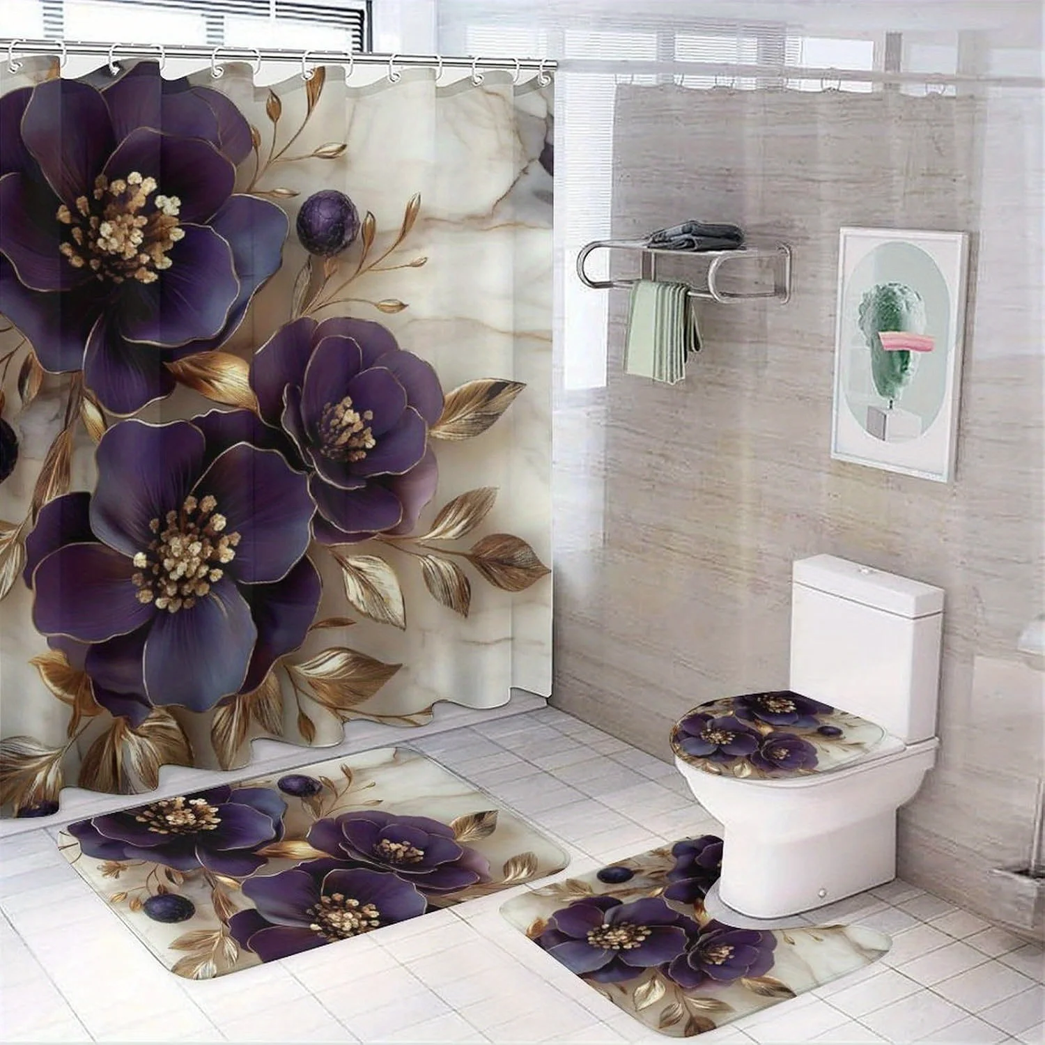 

4pc Purple floral bathroom set, machine washable, polyester fabric, shower curtain, toilet mat, non-slip mat, U-shaped mat