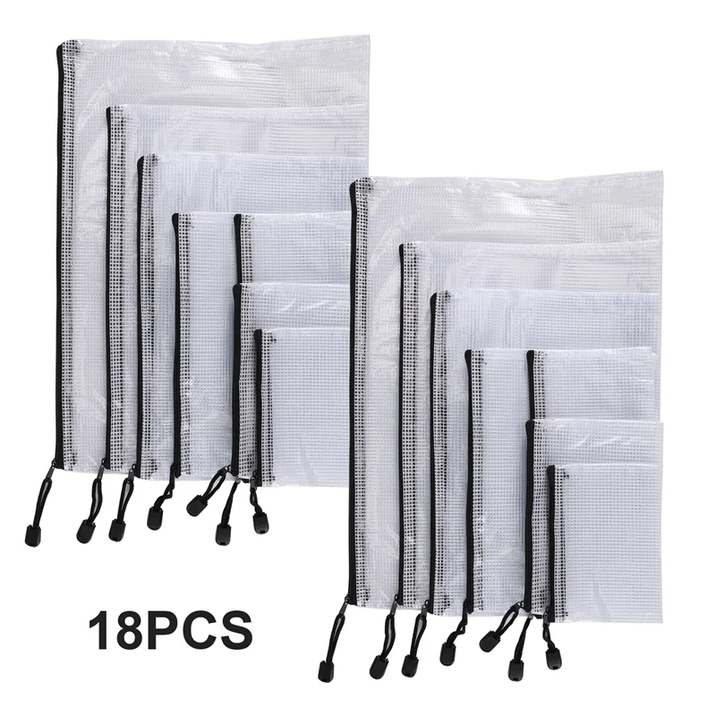 New!18Pcs Mesh Zipper Pouch Document Bag, 8 Assorted Size, Waterproof Plastic Zip File Folders, Multipurpose For Office,Home