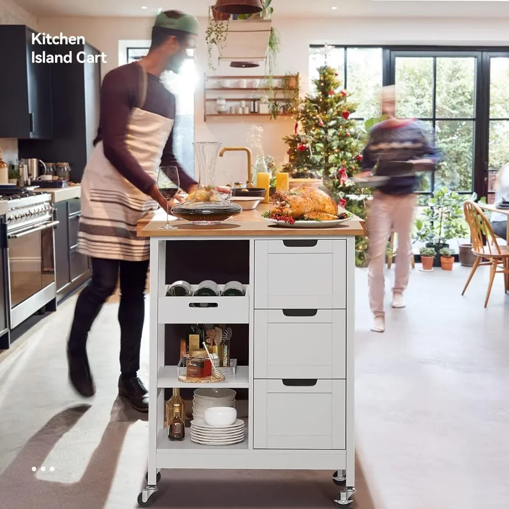 Rolling Portable Dining Room Serving Utility Carts Mobile Movable With 3 Drawers Cabinet Storage Furniture Oak & White Bar Cart