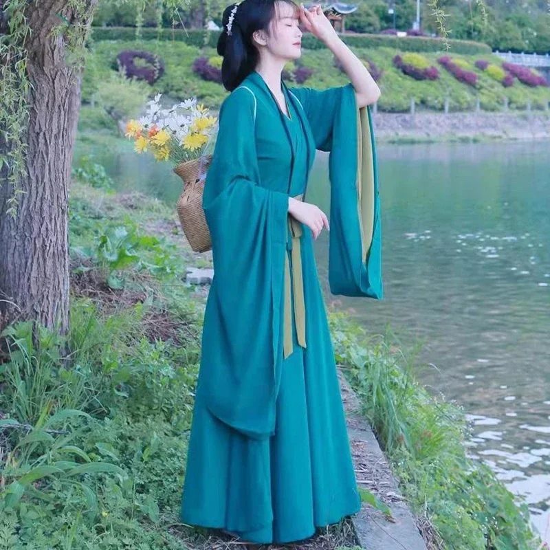 Green Women's Hanfu Chinese Style Straight Costume Ancient Wide Long Free Large Sleeve Fairy Skirt Elegant For Meditation