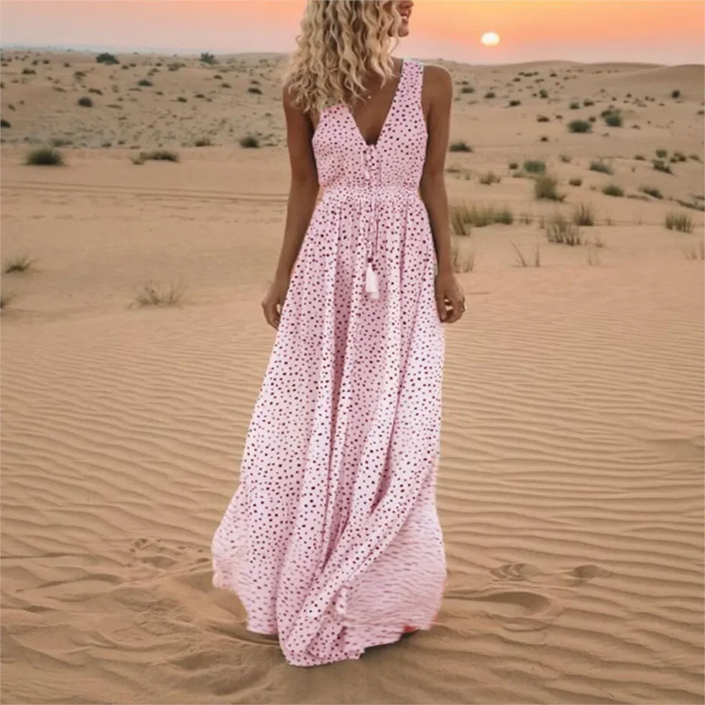Vestido largo sin mangas con estampado de moda, vestido informal bohemio de verano con cuello en V, vestido holgado de corte A, vestido elegante para fiesta en la playa, bata para mujer