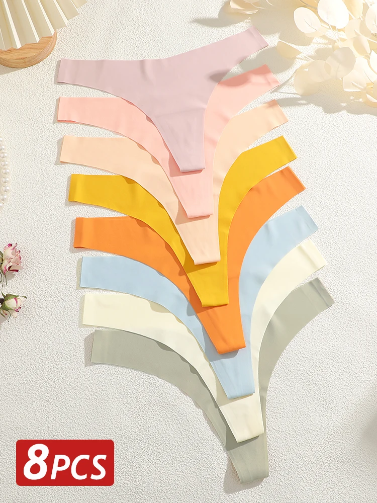 8PCS/Set Women Seamless Ice Silk Thongs Panties Female G-String Breathable Underwear V Waist Sexy Lingerie Ultra Thin Bikini - Image 3