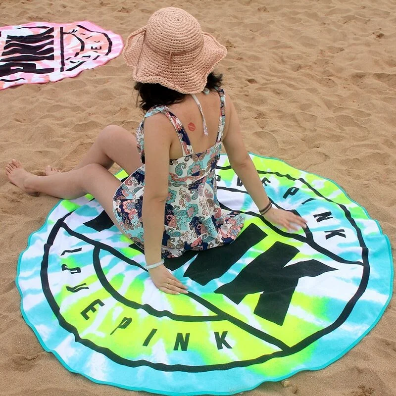 

LOVE PINK Round Bath Towel Water Absorption Sea Beach Sunbathing Swim Bathroom Microfiber High Quality 150cm 340g