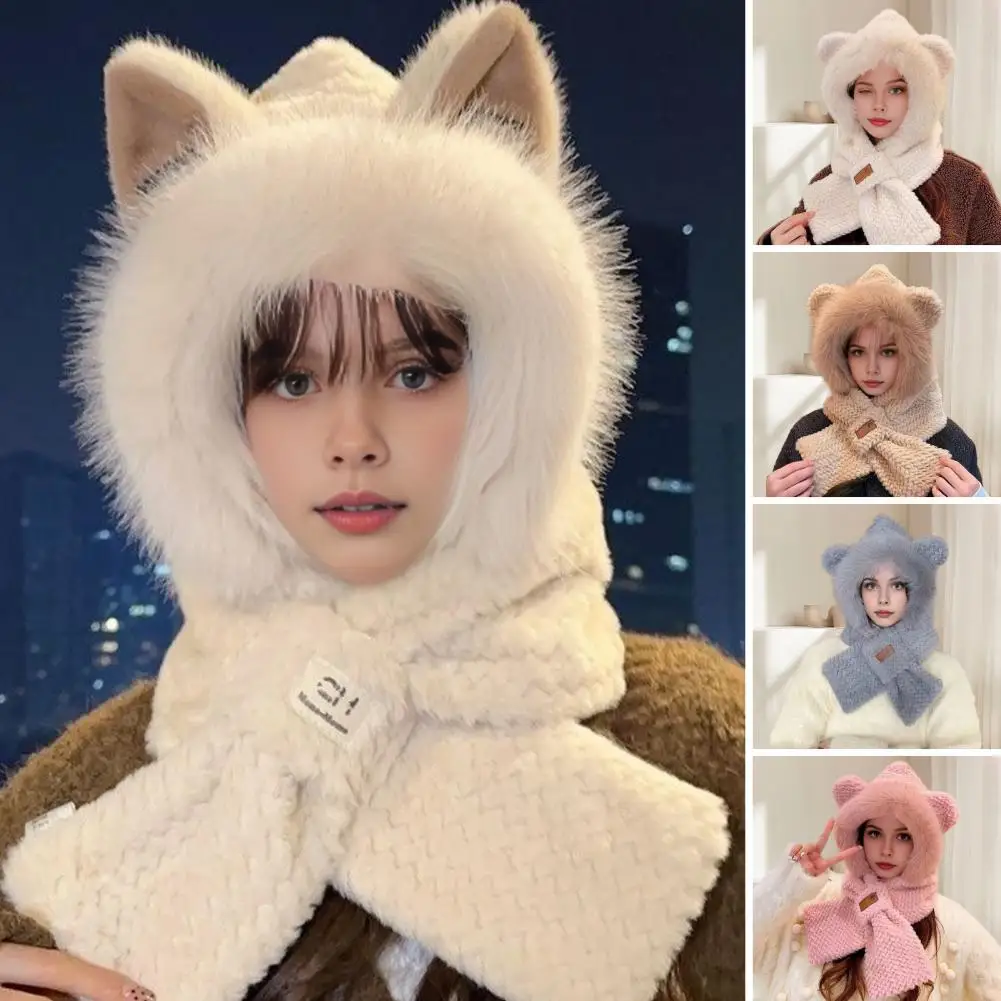 Women Winter Integrated Hat And Scarf Thick Fleece Warm Cartoon Fox Ear Decor Full Travel Snowboarding Camping Cap