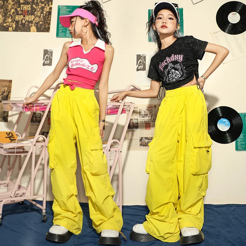 Kid Hip Hop Clothing Crop Top Streetwear Dopamine Tactical Yellow Cargo Pants For Girl Jazz Dance Costume Clothes New