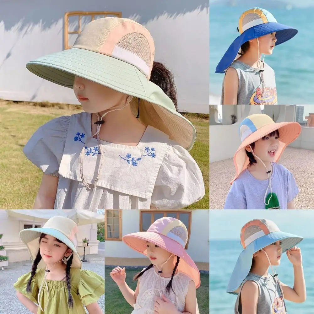 

New Neck Flap Baby Sun Hat Polyester with Strap Bucket Hat Breathable UV Protection Wide Brim Beach Hats for Summer
