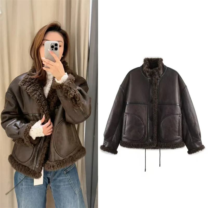 

Women's Coat 2025 Winter New Style Dark Brown Long Sleeve Pocket-Decorated Double-Sided Warm Jacket Stylish and Trendy