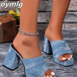 2024 Summer New Blue Denim Thick Sole Slippers for Women's Outwear Casual Women's High Heel Sandals Matsuke Women's Shoes